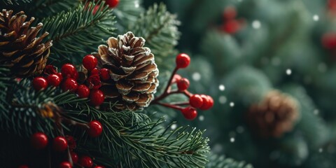 A detailed view of a Christmas tree adorned with pine cones and berries. Perfect for holiday decorations and festive designs