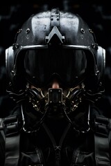 Fototapeta premium closeup portrait of dark futuristic air fighter pilot in helmet with glasses, fiction and sci-fi aircraft warrior