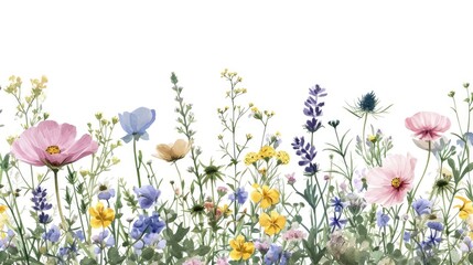 A vibrant painting of a field of flowers against a clean white background. Perfect for adding a pop...