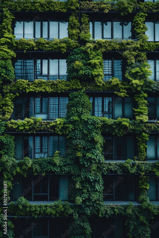 Poster A tall building adorned with an abundance of lush green plants. Perfect for adding a touch of nature to any urban setting