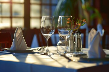 A picture of a table setting with wine glasses, napkins, and salt shakers. Perfect for restaurant menus or home decor inspiration