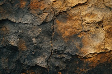 Close up of a rock wall with visible cracks. Can be used for concepts related to nature, geology, textures, and abstract backgrounds