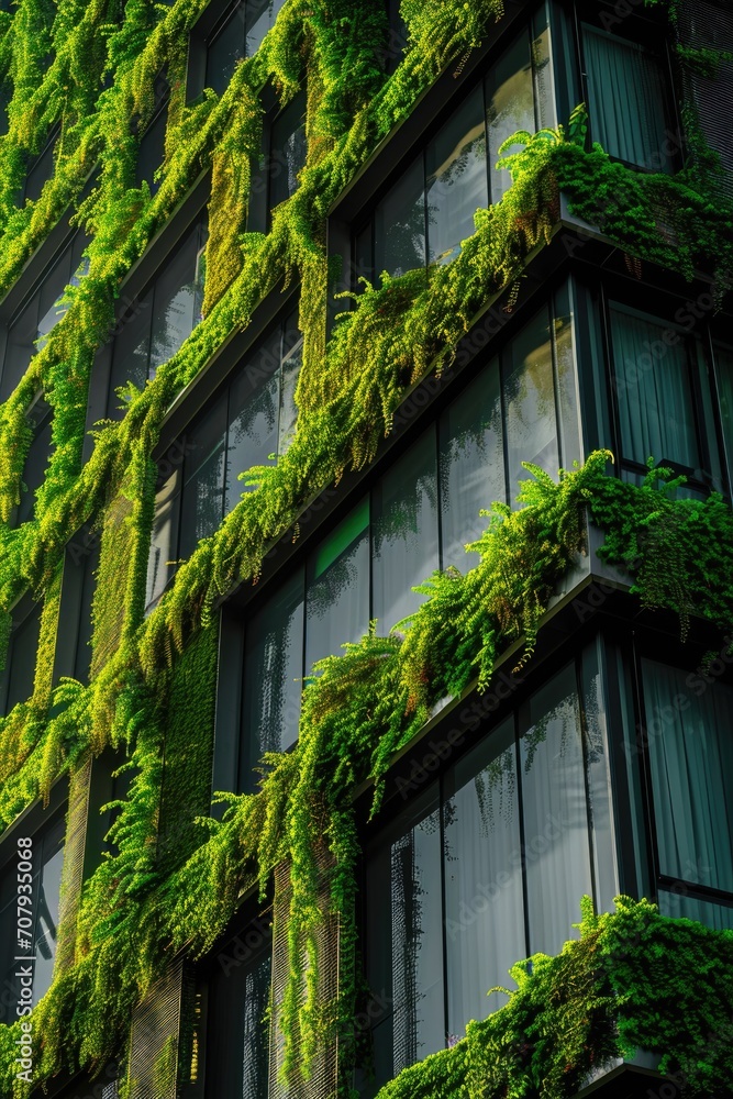 Poster a picture of a tall building covered in lush green plants. this image can be used to depict urban gr