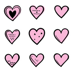 Pink doodle hearts, hand drawn love heart collection isolated on white background. Vector illustration for any design. - 707935007