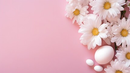 Fototapeta na wymiar Easter holiday composition. Top view photo of pastel Easter eggs and white flowers on pink table. 