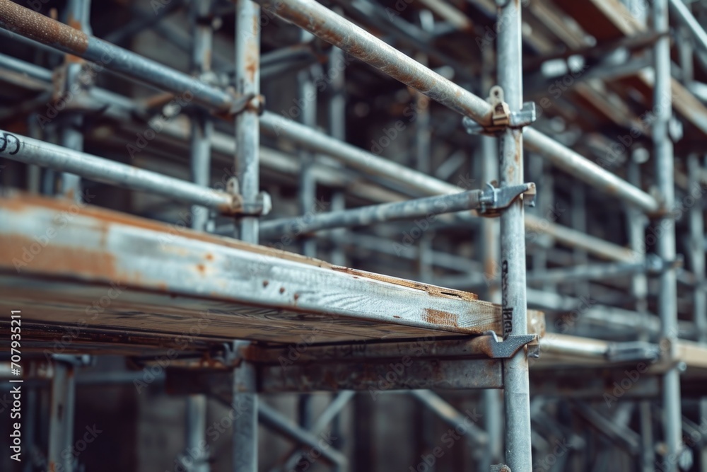 Poster close-up view of scaffolding on a building. suitable for construction, architecture, and renovation 