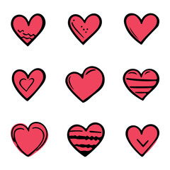 Red doodle hearts, hand drawn love heart collection isolated on white background. Vector illustration for any design.