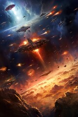 star fighters battle at open space, spacecraft combat at cosmos, futuristic science fiction