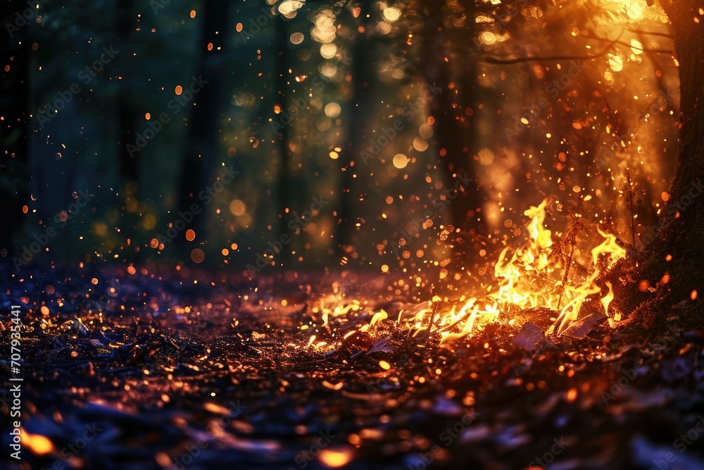 Poster a fire blazing in the middle of a forest. suitable for illustrating the dangers of wildfires and the