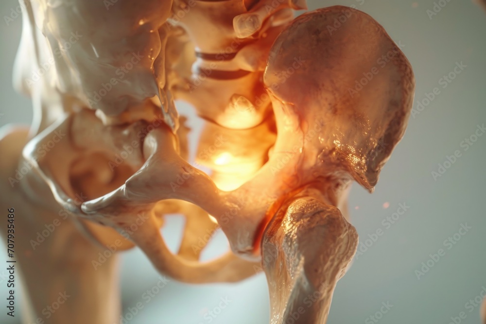 Poster a detailed close-up view of a human skeleton illuminated by a bright light. this image can be used t