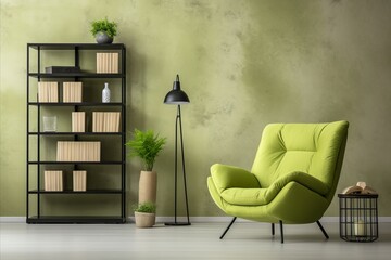 Scandinavian Green Sofa and Chair Set Against Bookshelf in Modern Living Room Interior