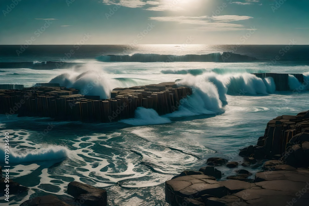 Poster a series of serene coastal scenes with waves crashing on the shore, representing the dynamic and eve