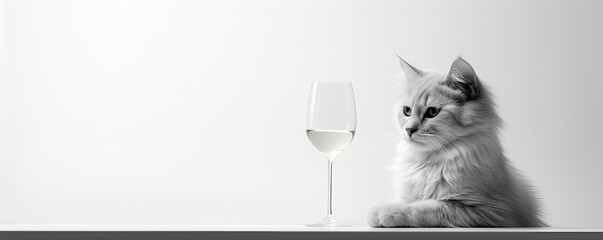White cat and a glass of water banner isolated on white background with copy space for text. Minimalist, elegant style - obrazy, fototapety, plakaty