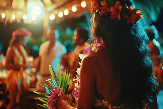 A woman wearing a hula skirt holding a colorful bunch of flowers. Perfect for tropical-themed events and decorations