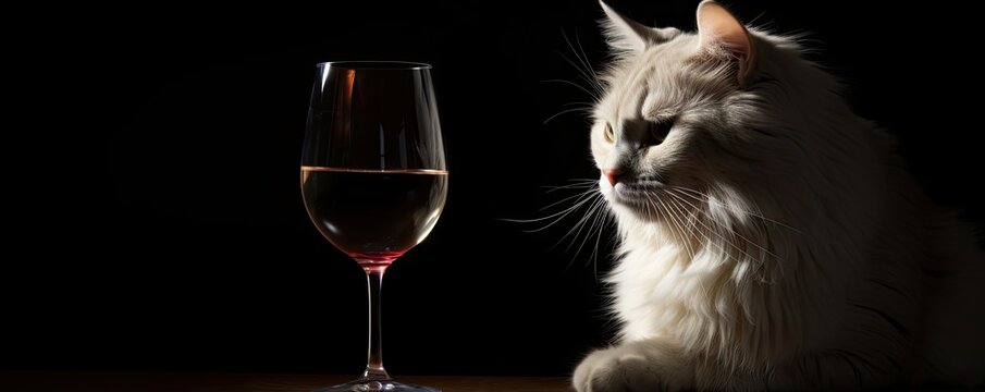 White cat and a wine glass in the dark centered banner isolated on black background