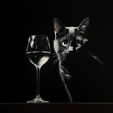Black cat and glass. Minimalistic style square image isolated on black background