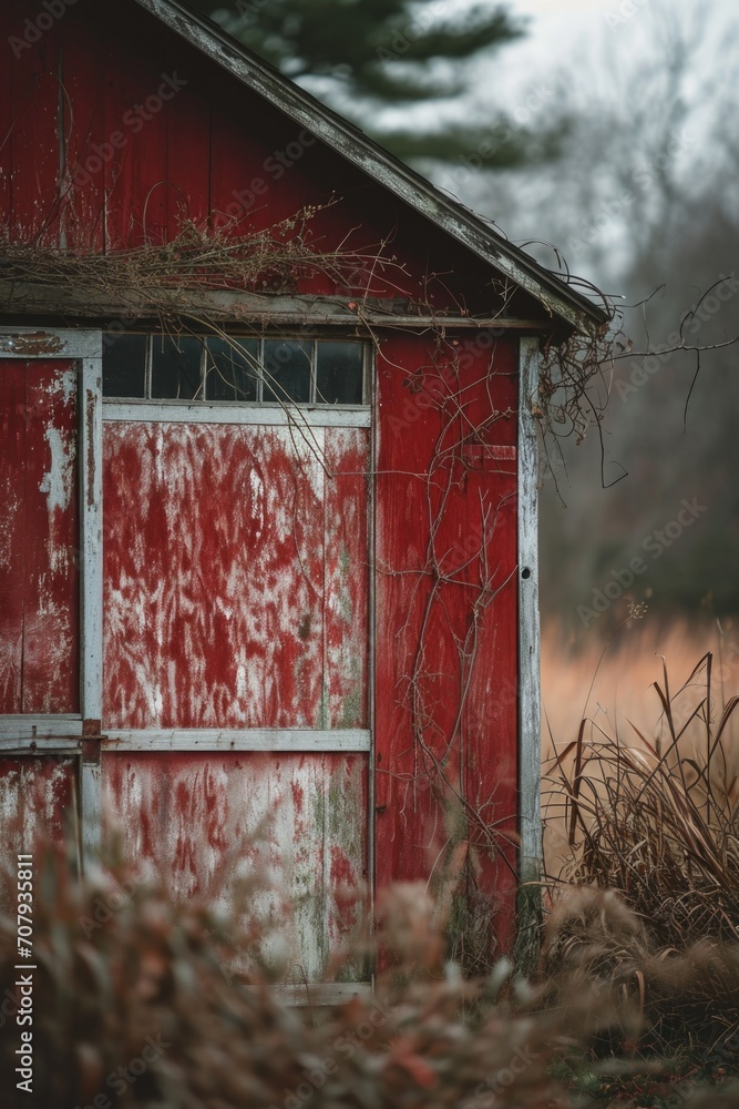 Poster a picture of a red barn with vines growing out of it. perfect for rustic and countryside themes