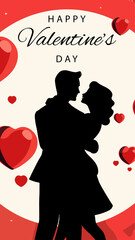 Valentines day greeting card, cute poster. Vector illustration of a black silhouette couple in love. Flyer, invitation, poster, brochure, banner. - 707935850