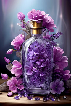 a bottle filled with purple flowers on top of a table, an airbrush painting by Carla Wyzgala, pixabay contest winner, fantasy art, made of flowers, fantasy, made of crystals