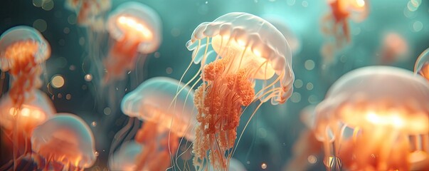 Obraz premium Bright sea jellyfish. Illuminated jellyfish moving through the water. Jellyfish swims in the ocean sea