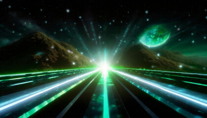 Fototapeta na wymiar 3d render. Abstract neon background. Speed of light. Green light highway