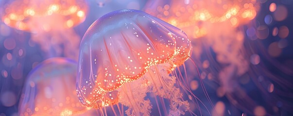 Bright sea jellyfish. Illuminated jellyfish moving through the water. Jellyfish swims in the ocean sea