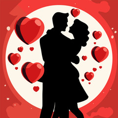 Valentines day greeting card, cute poster. Vector illustration of a black silhouette couple in love. Flyer, invitation, poster, brochure, banner. - 707936083