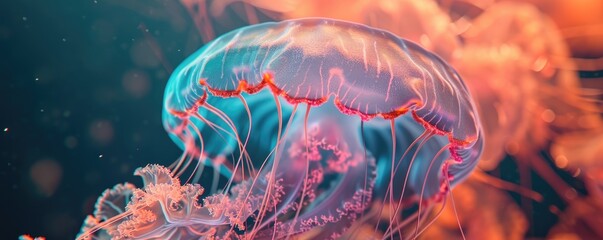 Bright sea jellyfish. Illuminated jellyfish moving through the water. Jellyfish swims in the ocean sea