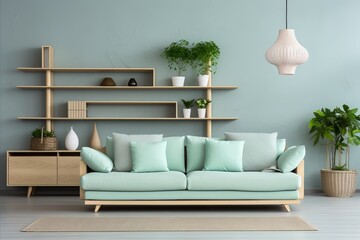 Green Sofa and Chair with Bookshelf against Green Wall in Scandinavian Modern Living Room