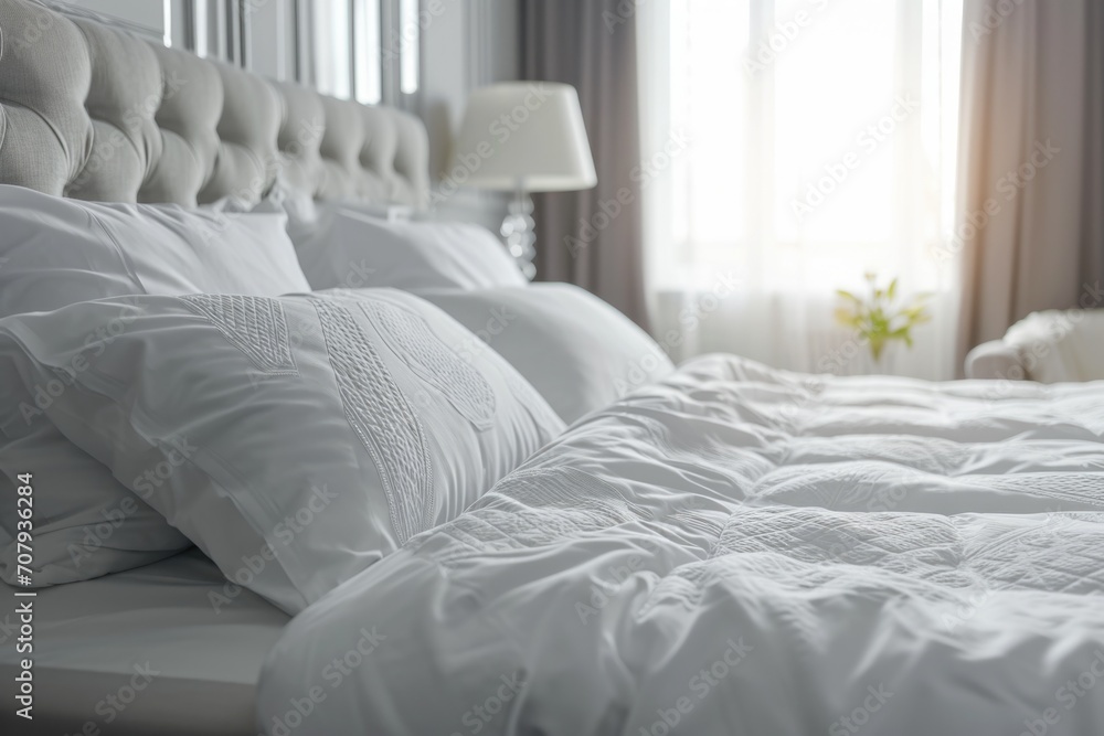 Poster a simple and elegant white bed with clean sheets and fluffy pillows. perfect for showcasing a cozy a