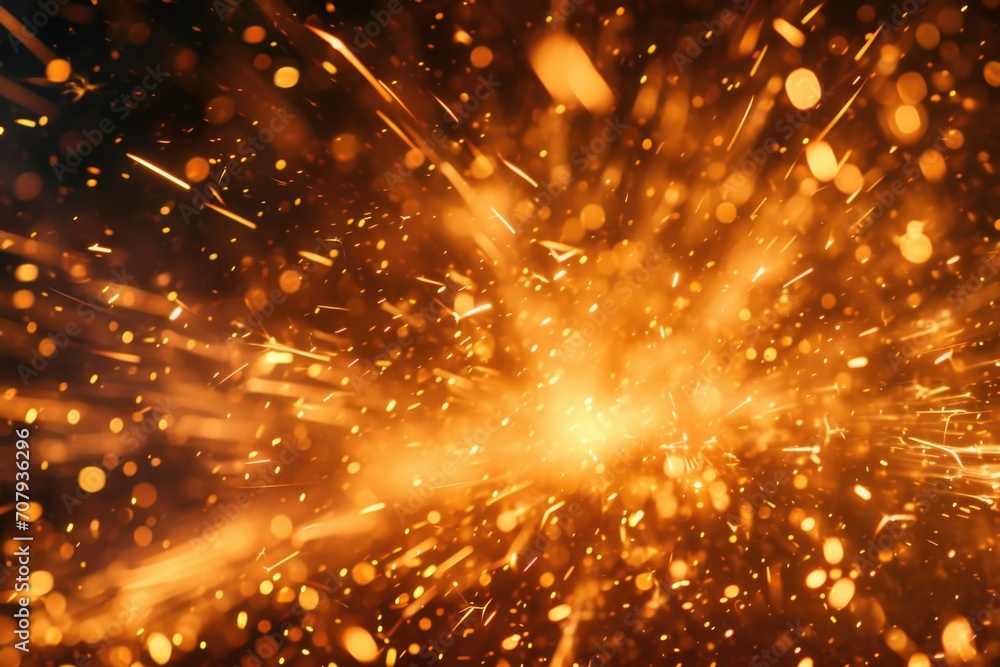 Poster A close-up view of a firework exploding in the dark. This image can be used to add excitement and color to various projects