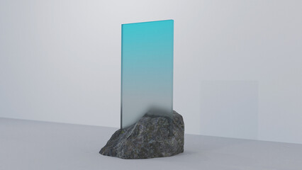 glass sign, blue neon color glass sign on a rock stand, gradient color, transparent glass banner futuristic minimalistic concept, 3D render mockup