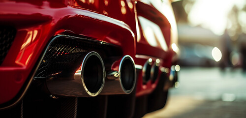 A close-up of a red supercar's rear exhaust, with heat shimmering off the chrome finish