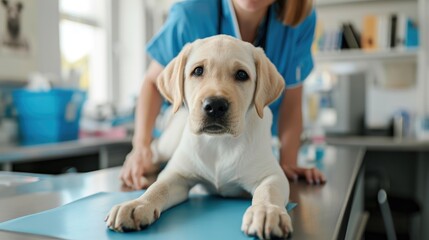 A photo of a fawn Labrador Retriever puppy being examined by a veterinarian at a veterinary clinic