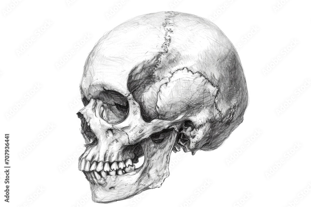 Poster a drawing of a skull with a broken jaw. this image can be used for illustrations related to hallowee