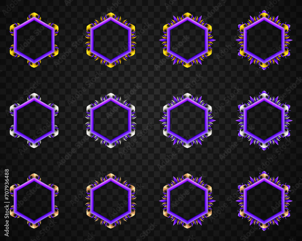 Poster fantasy purple hexagonal border game avatar gui frame with gold, silver and bronze elements for game