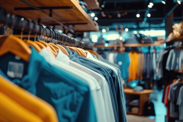 A display of various shirts on a rack in a clothing store. Perfect for showcasing different styles and colors of shirts.