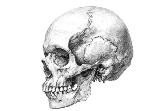 A drawing of a skull with a broken jaw. This image can be used for illustrations related to Halloween, horror, or anatomy