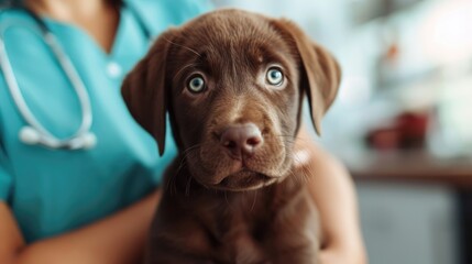 Photo of a brown Labrador Retriever puppy being examined by a veterinarian at a veterinary clinic