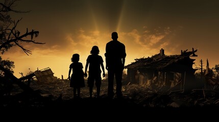 back view of refugee family looking at destroyed home after war, desperate people near demolished house after natural disaster