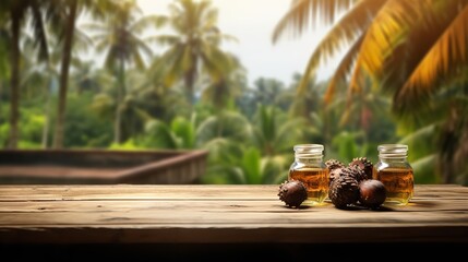An antique wooden table featuring oil palm fruits and a palm plantation in the distance, space, Generative AI. - obrazy, fototapety, plakaty