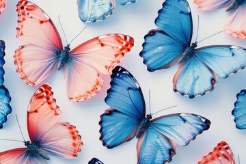 A group of blue and red butterflies resting on a white surface. Ideal for nature and wildlife themed designs