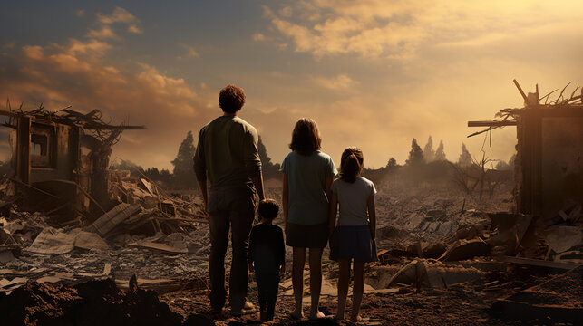 back view of refugee family looking at destroyed home after war, desperate people near demolished house after natural disaster