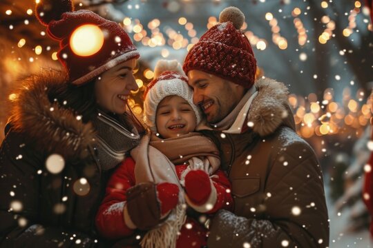 A picture of a man, woman, and child enjoying themselves in the snowy outdoors. This image can be used to depict family bonding and winter activities