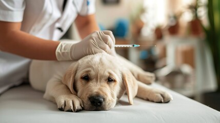 Photo of a fawn Labrador Retriever puppy on vaccination at a veterinary clinic - obrazy, fototapety, plakaty