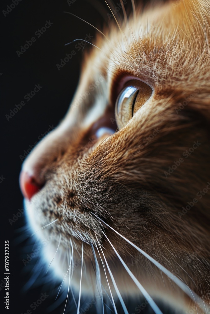 Poster a close up shot of a cat's face with a black background. suitable for various uses