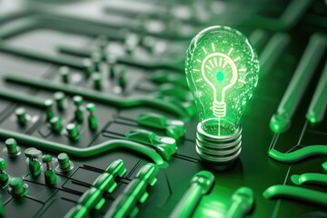 A green light bulb sitting on top of a circuit board. This image can be used to depict innovation, technology, and energy efficiency