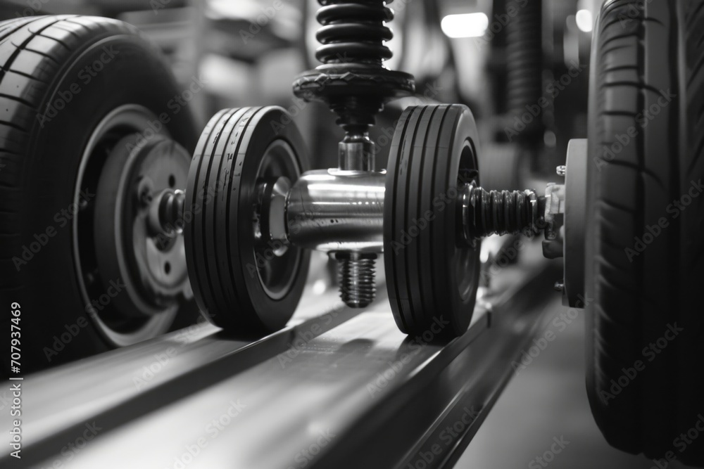 Poster a photo of a pair of wheels in black and white. suitable for various applications
