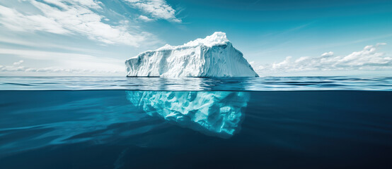 A half-submerged iceberg in the ocean. Concept of hidden danger