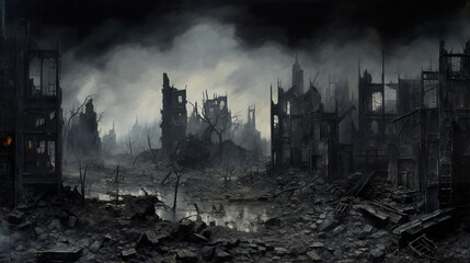 destroyed city after battle at war, demolished cityscape - obrazy, fototapety, plakaty